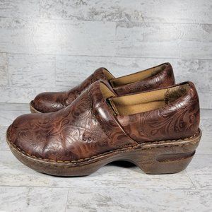 BOC Born Concept Peggy Brown Tooled Leather Comfort Slip On Clogs Size 8.5
